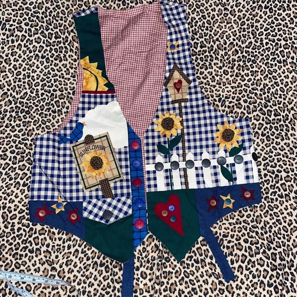 Vintage 90s Kitschy Aesthetic Vest Adjustable Home Made Sunflower Garden Picket - Picture 3 of 4